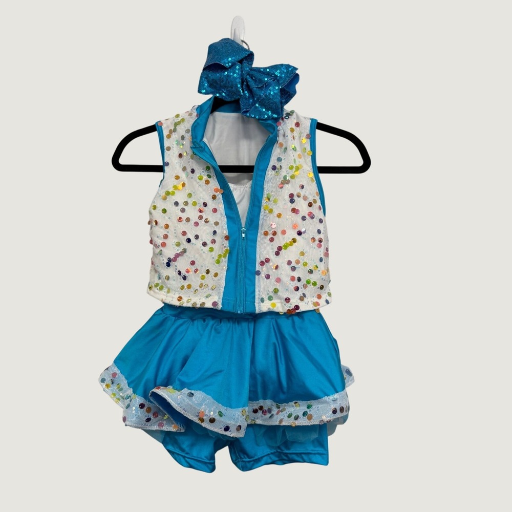 Weissman Kids Blue Sequin Dance Costume‎ Set Vest Skirt Leotard Bow MC RN64830